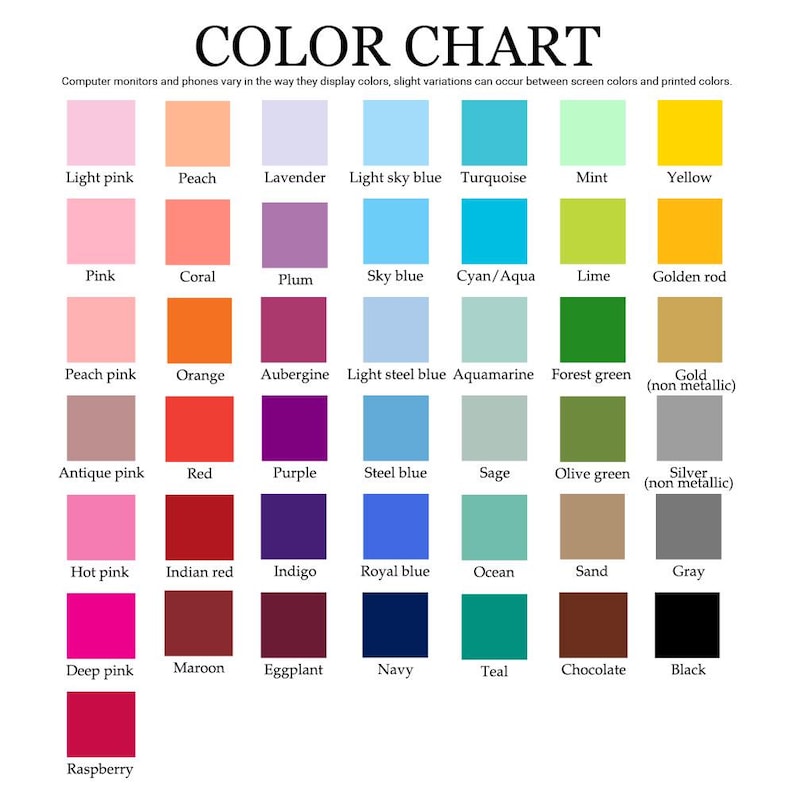 May include: A color chart with a variety of color swatches, including light pink, peach, lavender, sky blue, turquoise, mint, and yellow. The chart also includes text that reads "COLOR CHART".