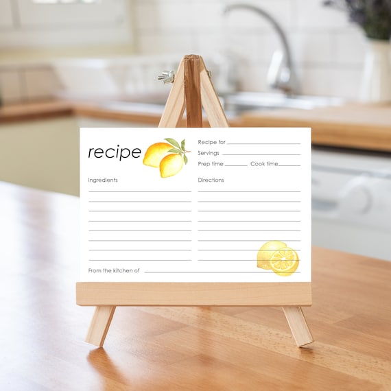 Printed Lemon Recipe Cards, 4x6 Size Recipe Card Set, Kitchen Cooking Organizer, Citrus Theme