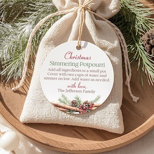 Tags kerstpotpourri, label seizoenssimmerpot, geurende gastvrouw cadeau