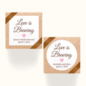 Personalized &#39;Love is Brewing&#39; Wedding Favor Stickers for Coffee or Tea