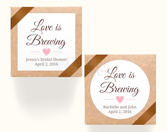 Love is Brewing Stickers, Coffee or Tea Wedding Favor, Bridal Shower Labels