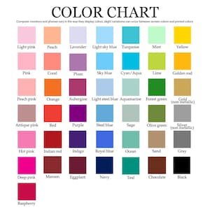 May include: Color chart with 16 rows of color swatches. Each row has 10 color swatches. The colors are labeled with names like light pink, peach, lavender, light sky blue, turquoise, mint, yellow, pink, coral, plum, sky blue, cyan/aqua, lime, golden rod, peach pink, orange, aubergine, light steel blue, aquamarine, forest green, gold (non metallic), antique pink, red, purple, steel blue, sage, olive green, silver (non metallic), hot pink, indian red, indigo, royal blue, ocean, sand, gray, deep pink, maroon, eggplant, navy, teal, chocolate, black, and raspberry.