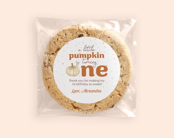 Op de afbeelding: Een chocolate chip cookie in een doorzichtige cellofaan zak. De cookie heeft een witte sticker met de tekst "a little pumpkin is turning one" en een pompoenafbeelding. De tekst "Thank you for making my 1st birthday so sweet! Love, Alexandra" staat ook op de sticker.