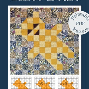 May include: Printable PDF pattern for a quilt block featuring three bears. The pattern is for a 24" x 24" quilt block. The bears are made of yellow and brown squares.