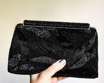 Elegant Black and White Beaded Vintage Evening Purse