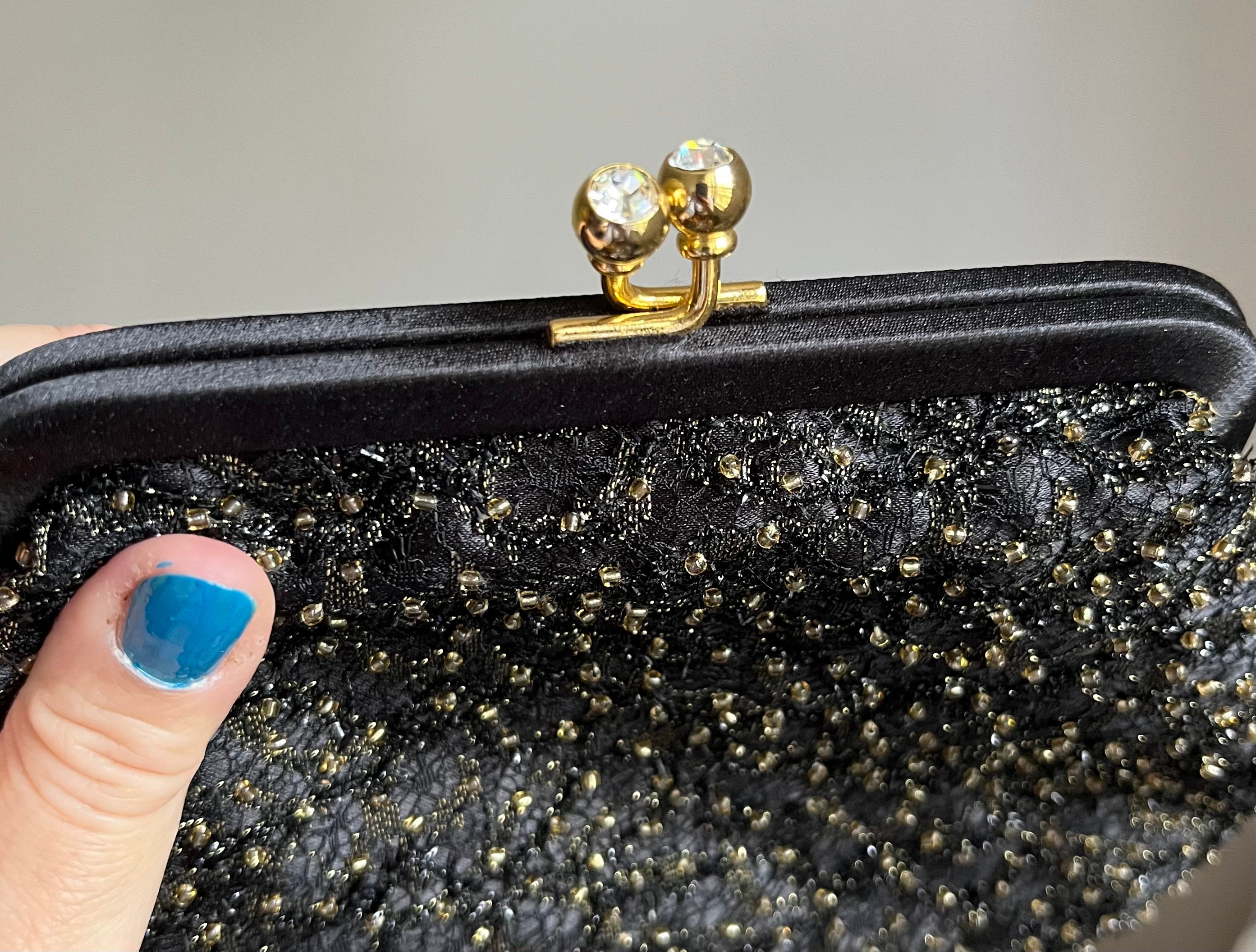 Vintage Black and Gold Beaded Purse with Gold Metal Frame → Hotbox Vintage