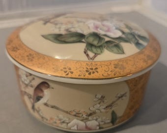 Vintage Japanese Porcelain Trinket Box, Round Ceramic Jewelry Holder with Bird and Cherry Blossoms, Gold Gilt Vanity Decor, Mid Century