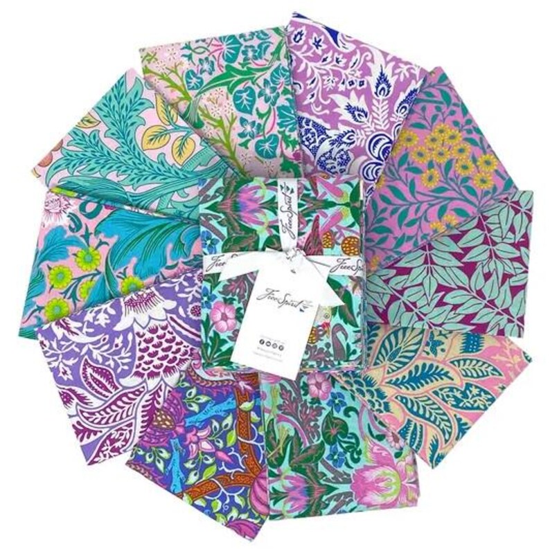 May include: A set of 10 fabric squares featuring a variety of floral and botanical patterns in shades of pink, purple, green, and blue. The fabric squares are labeled "Free Spirit" and are perfect for quilting, crafting, and other sewing projects.