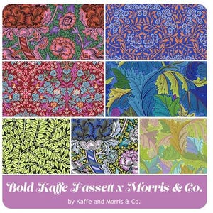 May include: A collage of six different fabric patterns featuring floral and leaf designs in vibrant colors, including red, green, blue, yellow, and pink. The text "Bold Kaffe Fassett x Morris & Co. by Kaffe and Morris & Co." is at the bottom of the image.