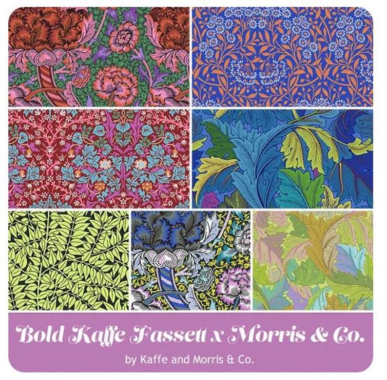 May include: A collage of six different fabric patterns featuring floral and leaf designs in vibrant colors, including red, green, blue, yellow, and pink. The text "Bold Kaffe Fassett x Morris & Co. by Kaffe and Morris & Co." is at the bottom of the image.