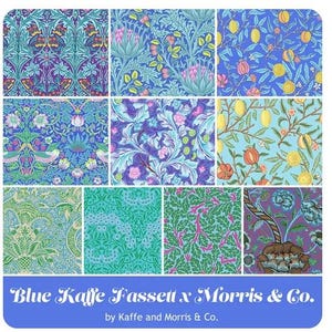 May include: A collection of nine fabric squares featuring floral patterns in shades of blue, green, and pink. The fabric squares are arranged in a grid pattern and have a vintage aesthetic. The text "Blue Kaffe Fassett x Morris & Co. by Kaffe and Morris & Co." is displayed at the bottom of the image.