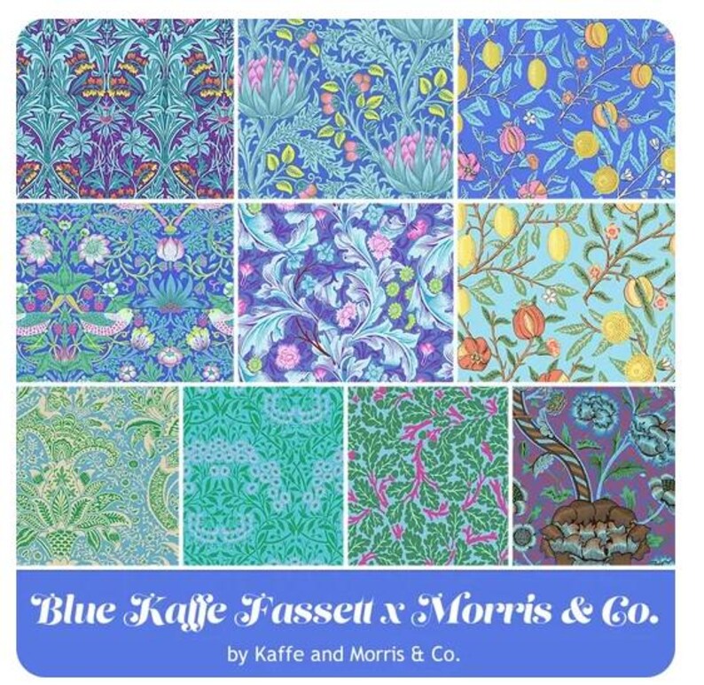 May include: A collection of nine fabric squares featuring floral patterns in shades of blue, green, and pink. The fabric squares are arranged in a grid pattern and have a vintage aesthetic. The text "Blue Kaffe Fassett x Morris & Co. by Kaffe and Morris & Co." is displayed at the bottom of the image.