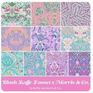May include: A collection of nine fabric swatches featuring floral and geometric patterns in shades of pink, blue, green, and purple. The swatches are arranged in a grid and labeled "Blush Kaffe Fassett x Morris & Co. by Kaffe and Morris & Co."