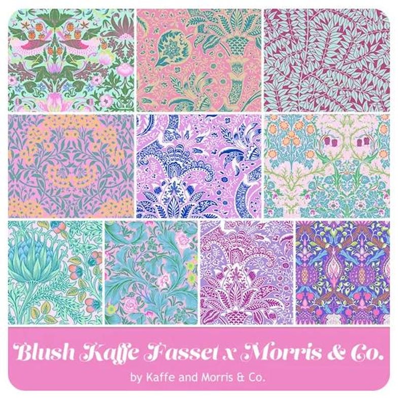 May include: A collection of nine fabric swatches featuring floral and geometric patterns in shades of pink, blue, green, and purple. The swatches are arranged in a grid and labeled "Blush Kaffe Fassett x Morris & Co. by Kaffe and Morris & Co."