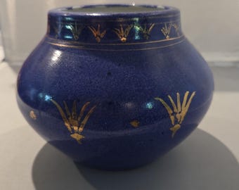 Vintage Ecco Nova Medieval Monarch Porcelain Planter Vase |Cobalt Blue & Gold Gilt Art Deco Revival Cachepot | Rare Gold Sun Stamp Interior