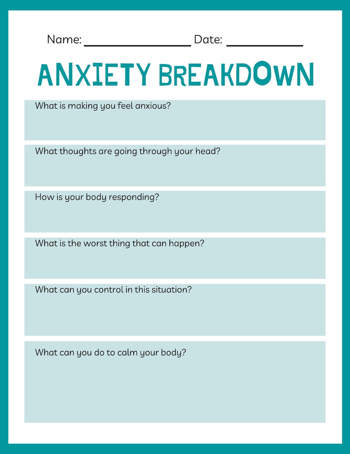 Anxiety Break Down Worksheet (color & B/W) - Etsy