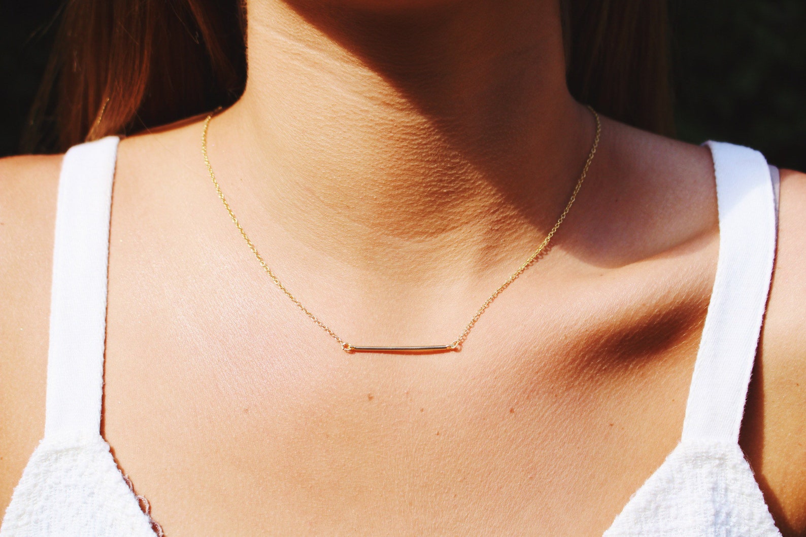 14k Gold Plated Chain Bar Necklace Etsy