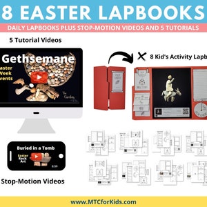 May include: An image promoting Easter-themed educational resources. It features a computer screen displaying a video about Gethsemane, a red lapbook, and a smartphone showing a video about Easter Rock Art. The text reads "8 Easter Lapbooks" and "Daily Stop-Motion Videos."