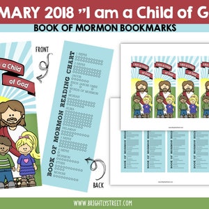 May include: A set of four blue and white bookmarks with a reading chart on the back. The front of the bookmark features a cartoon image of Jesus with two children. The bookmark has the text "I am a Child of God" on the front.