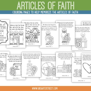 May include: Black and white coloring pages featuring illustrations of the 13 Articles of Faith of the Church of Jesus Christ of Latter-day Saints. Each page includes a number and a short description of the article of faith.