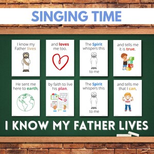 Può includere: Una lavagna verde con cornice in legno, che mostra illustrazioni colorate e testo sulla fede. Il testo include "So che mio Padre vive", "Lo Spirito mi sussurra questo", e "e mi dice che è vero".
