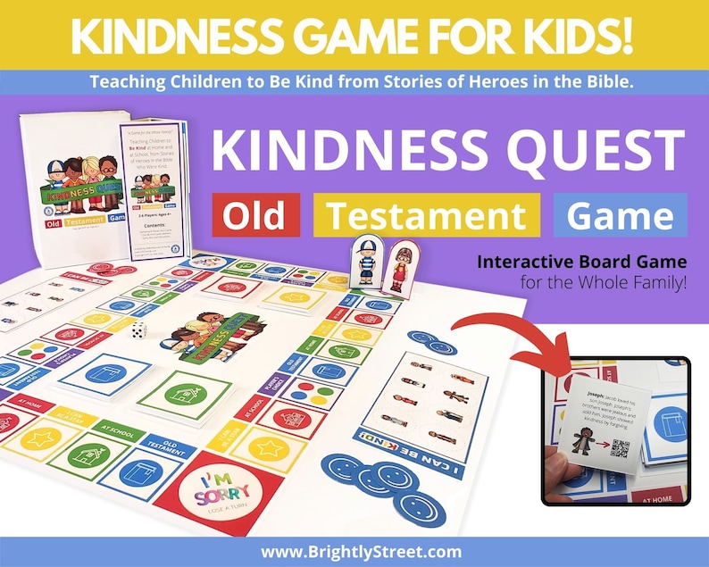 以下が含まれることがあります： 「Kindness Quest」というタイトルの子供向けボードゲーム。テキストは「Old Testament Game」です。ゲームには、ボード、カード、サイコロ、キャラクターのトークンが含まれています。ゲームのテーマは、聖書の話から優しさを教えることです。