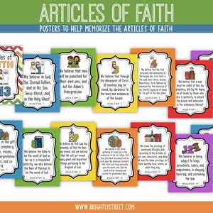 Könnte beinhalten: Ein Satz von 13 bunten Postern mit Illustrationen und Text, die die Glaubensartikel der Kirche Jesu Christi der Heiligen der Letzten Tage darlegen. Jedes Poster zeigt einen anderen Glaubensartikel, nummeriert von 1 bis 13, mit einer entsprechenden Illustration und einem Text.