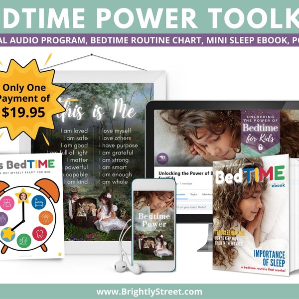 Bedtime Power Audio Program: Audio Stories & Music for Kids, Bedtime Routine Chart, Affirmations Poster, Sleep Tips