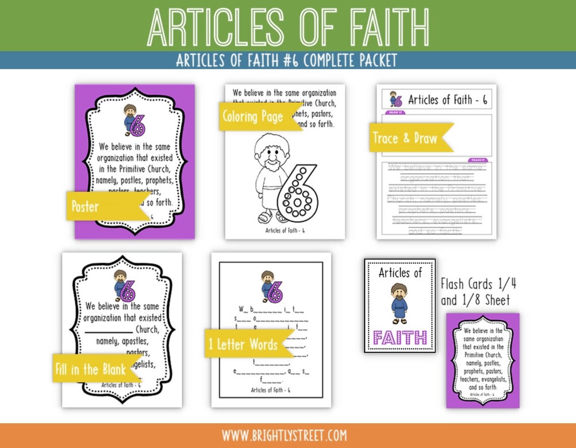 Articles of faith 6 complete packet memorize the articles of etsy