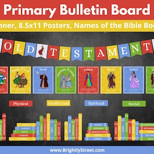 Puede incluir: Un tablón de anuncios principal con el texto "Primary Bulletin Board" y "Banner, 8.5x11 Posters, Names of the Bible Books". El tablero presenta coloridas pancartas e ilustraciones de historias y libros bíblicos.