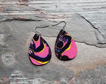 Hand Painted Wood Paint Pour Earrings, Pink Earrings
