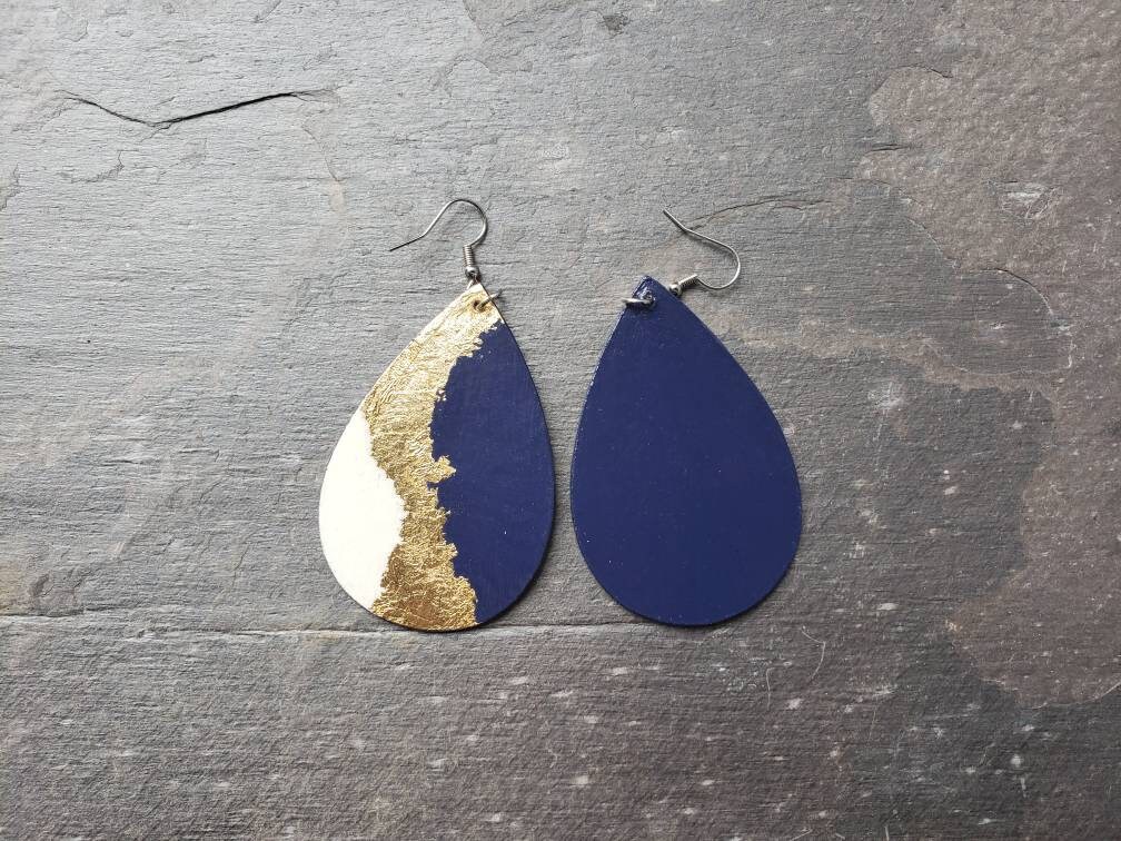 Art Deco Hand Painted Blue Mini Navette Earrings