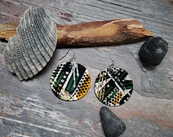 Green and Black Hand-Painted Wood Earrings