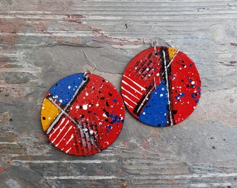 Hand Painted Red Wood Earrings