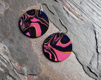 Hand Painted Wood Paint Pour Earrings, Pink Earrings