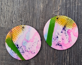 Pink Abstract Graffiti Earrings, Hand-Painted Earrings