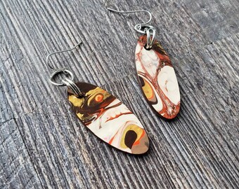 Brown and Orange Wood Paint Pour Earrings