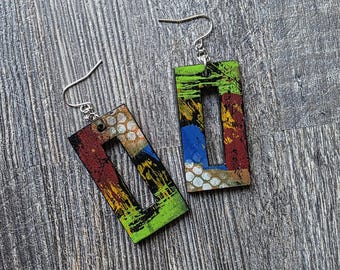 Rectangle Wood Hand-Painted Earrings, Abstract Earrings
