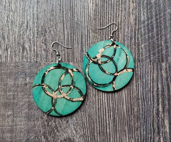 Green and Brown Hand-Painted Wood Earrings, Abstract Earrings, Wood Jewelry