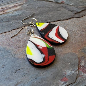 Black White and Red Wood Paint Pour Earrings