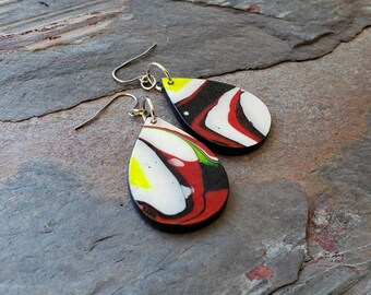 Black White and Red Wood Paint Pour Earrings