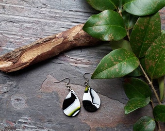 Black and White Wood Teardrop Earrings