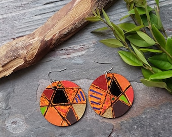 Geometric Orange and Brown Wood Earrings
