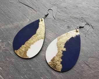Navy Blue Hand-Painted Paper Earrings, Navy Blue White and Gold Earrings, White Earrings, Navy Blue Earrings