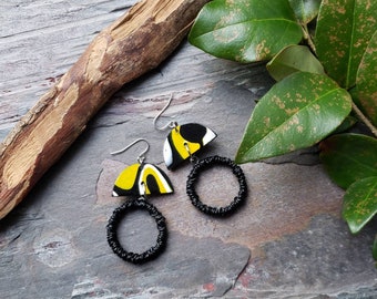 Black and Yellow Wood Half Moon Earrings, Black Hoop Earrings