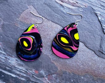 Hand Painted Wood Paint Pour Earrings, Pink Earrings