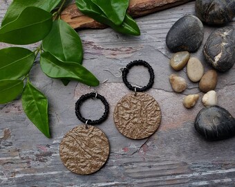 Tan Textured Wood Earrings, Black Hoop Earrings