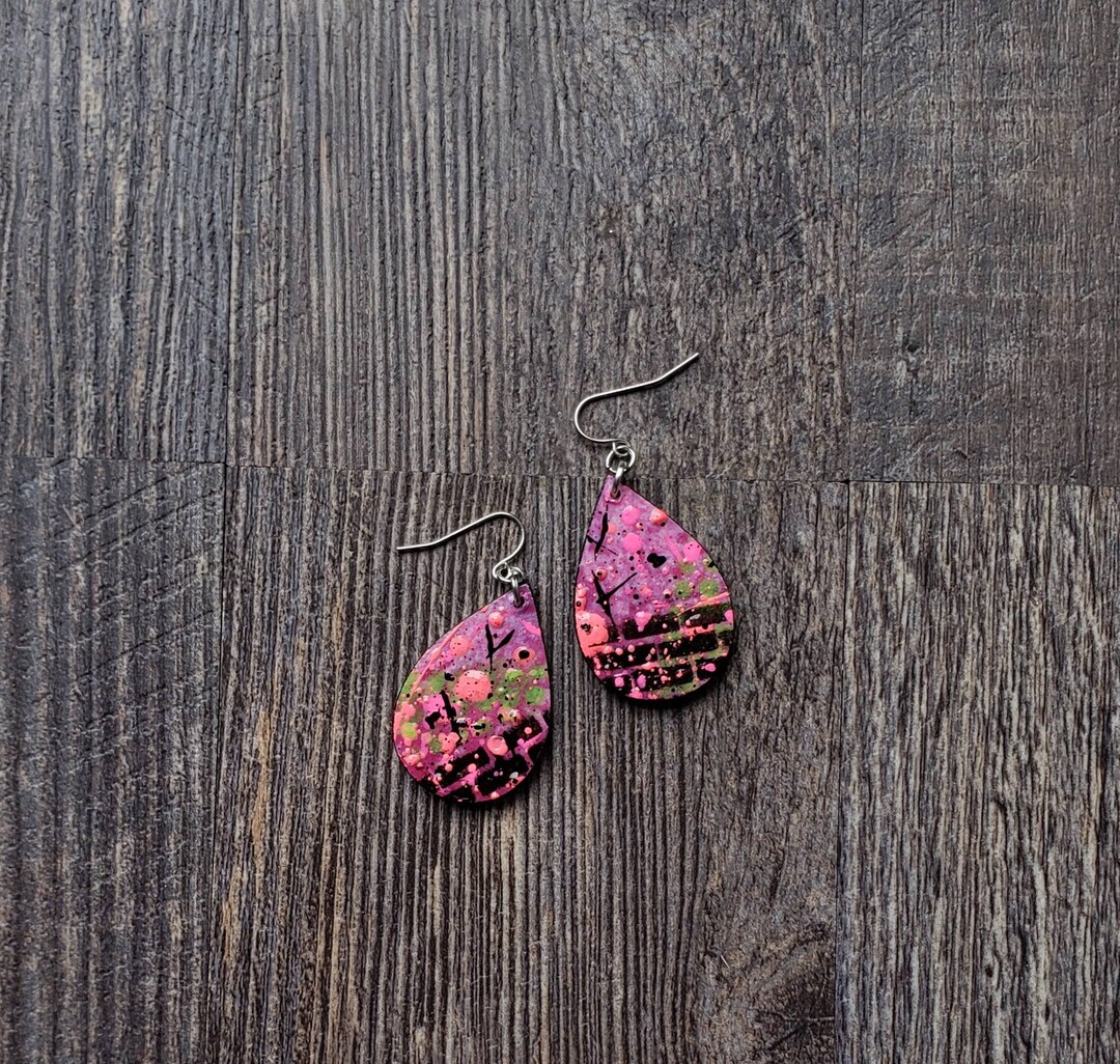 Black and Pink Abstract Wood Earrings Retro Earrings - Etsy