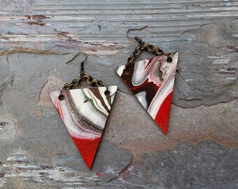 Red and Brown Wood Triangle Paint Pour Earrings