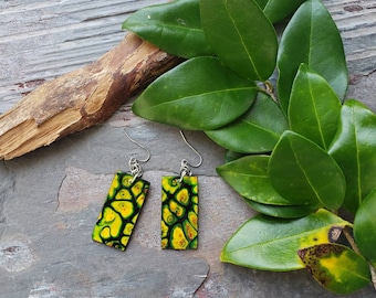 Green and Yellow Wood Paint Pour Earrings